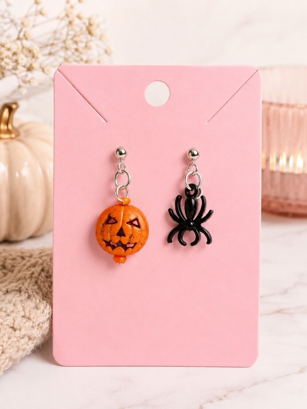 🎃Asymmetric Halloween Dangle Earrings - Orange Jack-O'-Lantern & Black Spider💀